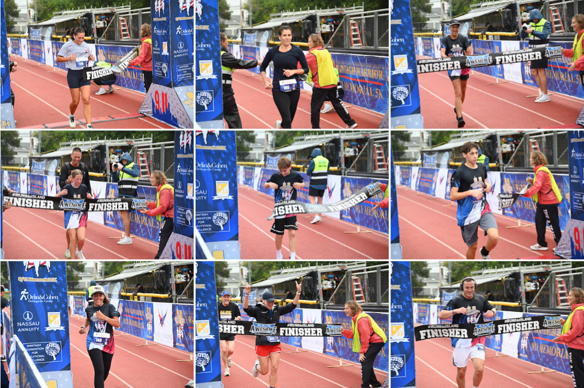 A collage of nine photos showing different runners crossing the finish line of a race.